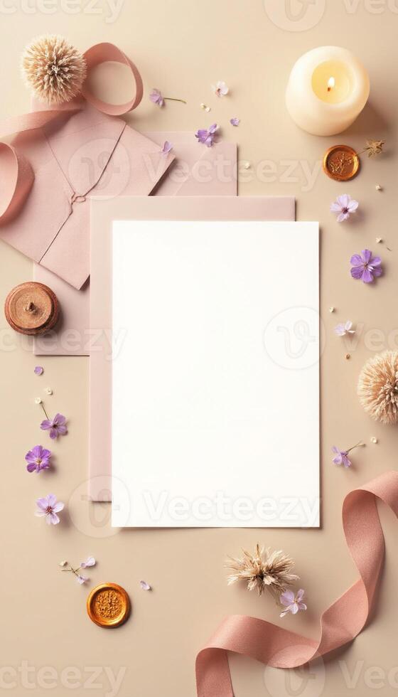 Blank white paper with flowers and ribbon on a beige background photo