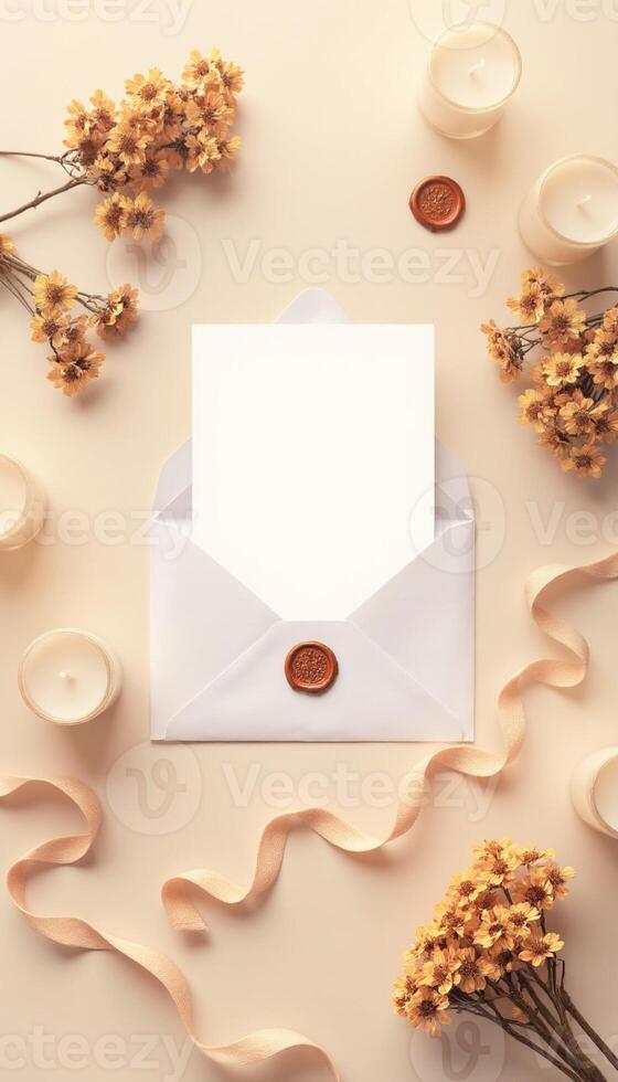 Blank white envelope with yellow flowers and candles on a beige background photo