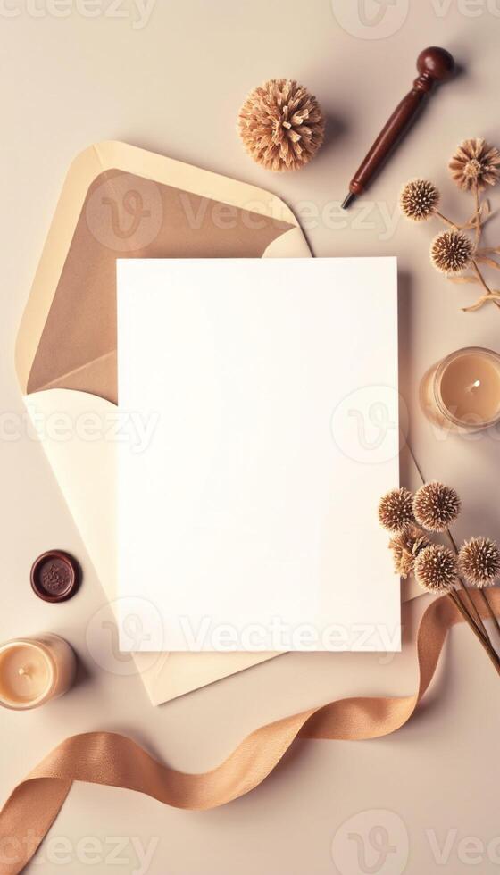 Blank white paper with brown ribbon and candles on a beige background photo