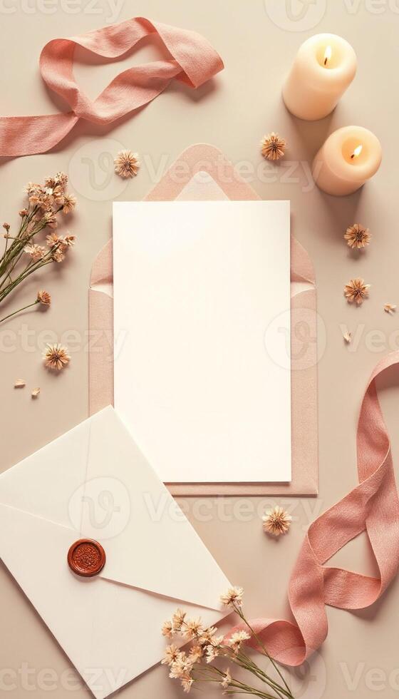 An open envelope with a note, candles and flowers photo