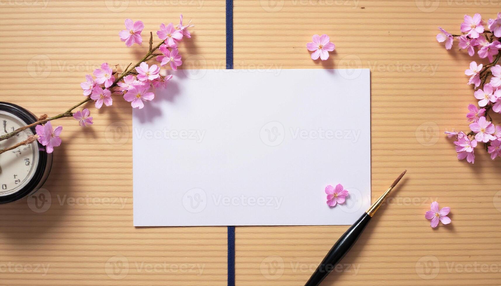 A blank paper, a clock, a pen and a flower on a wooden table top view photo