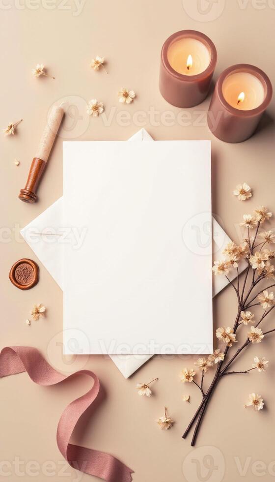 Blank card with candles and flowers on a beige background photo