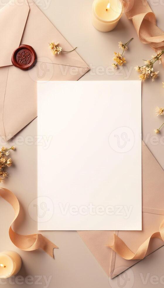 Blank paper, envelope and wax seal on a beige background photo
