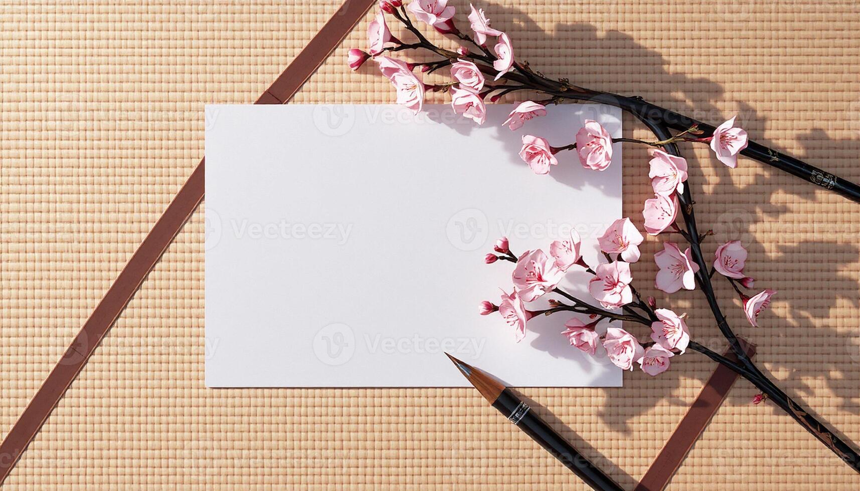 A blank piece of paper and a pair of scissors on a table photo