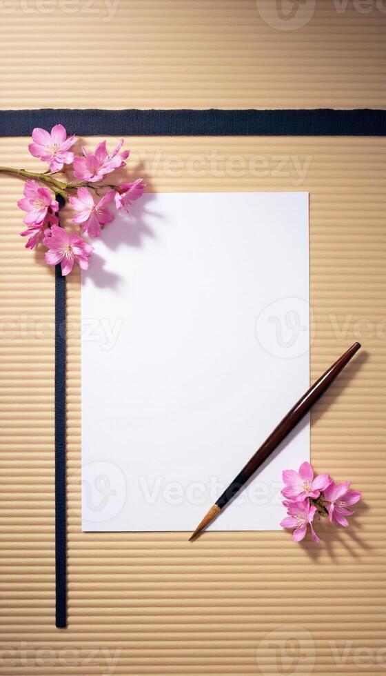 A blank sheet of paper and a pen on a brown background photo