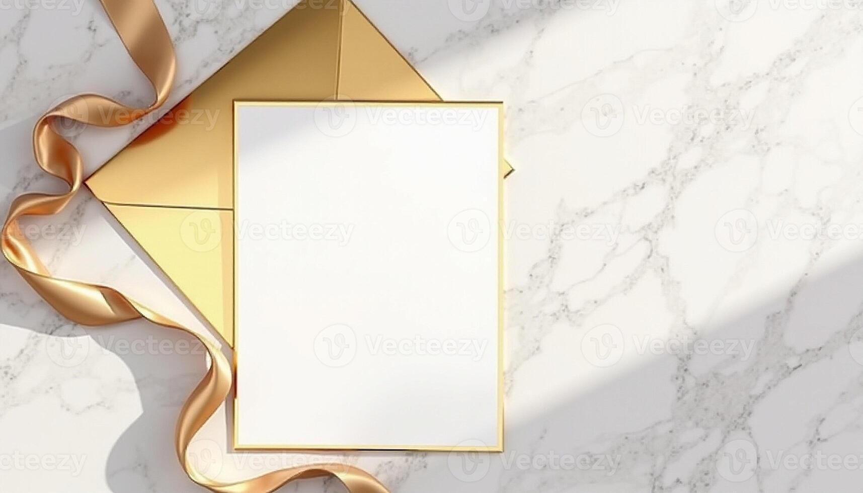 Golden envelope with a blank card on a marble surface photo