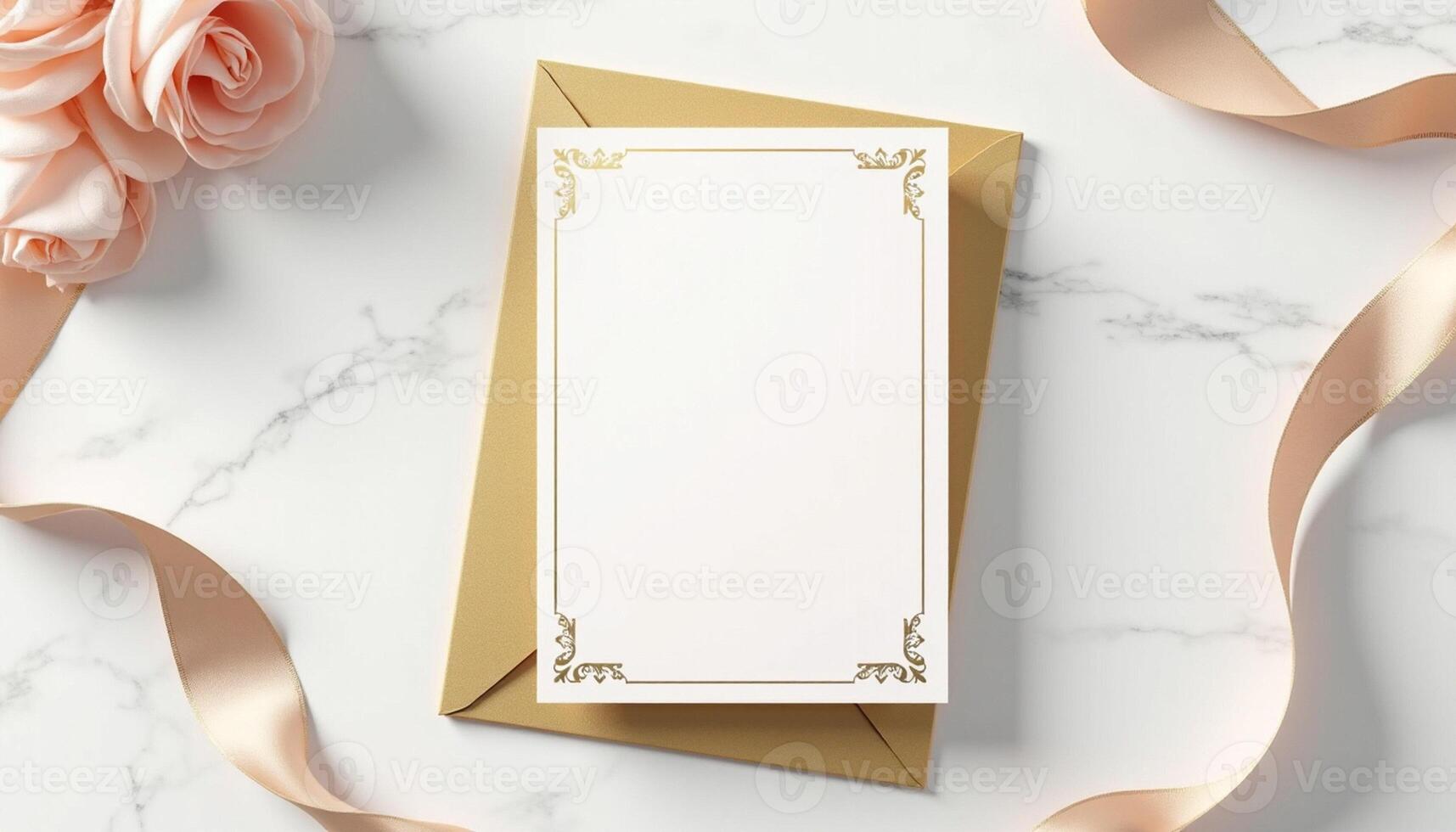 An envelope with a gold frame and a rose on a marble surface photo