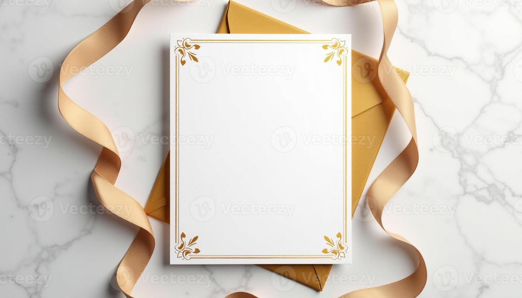 Golden envelope with envelope and ribbon on marble background photo