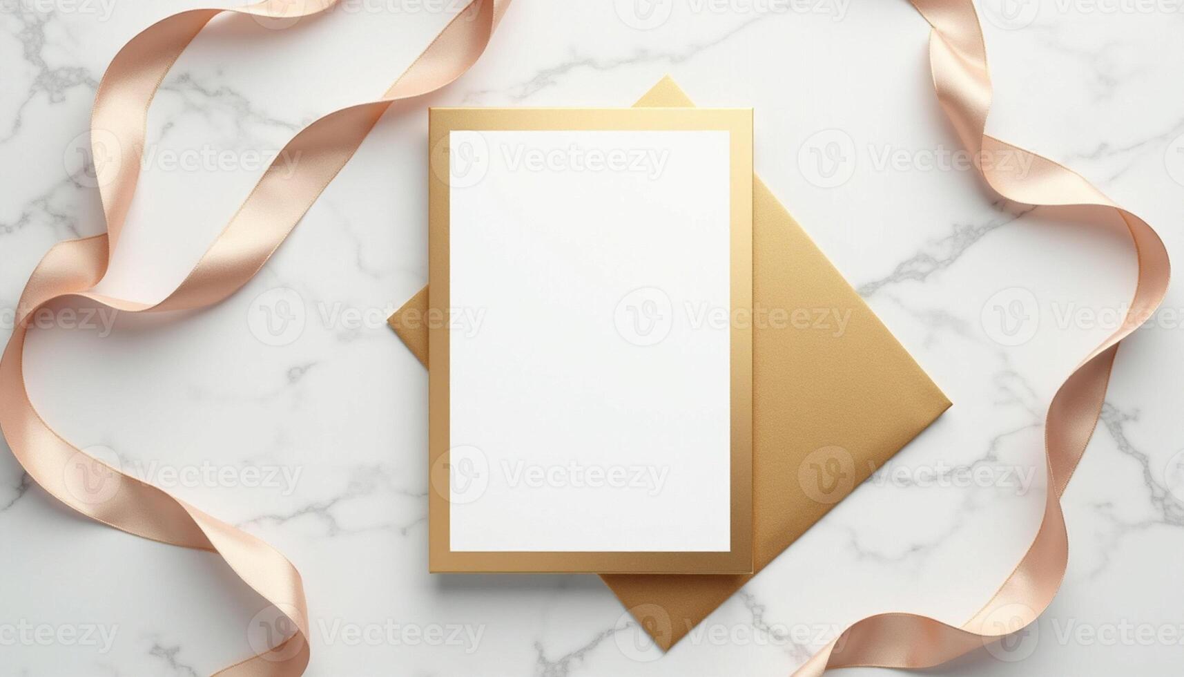 Golden envelope with ribbon and blank card on marble background photo