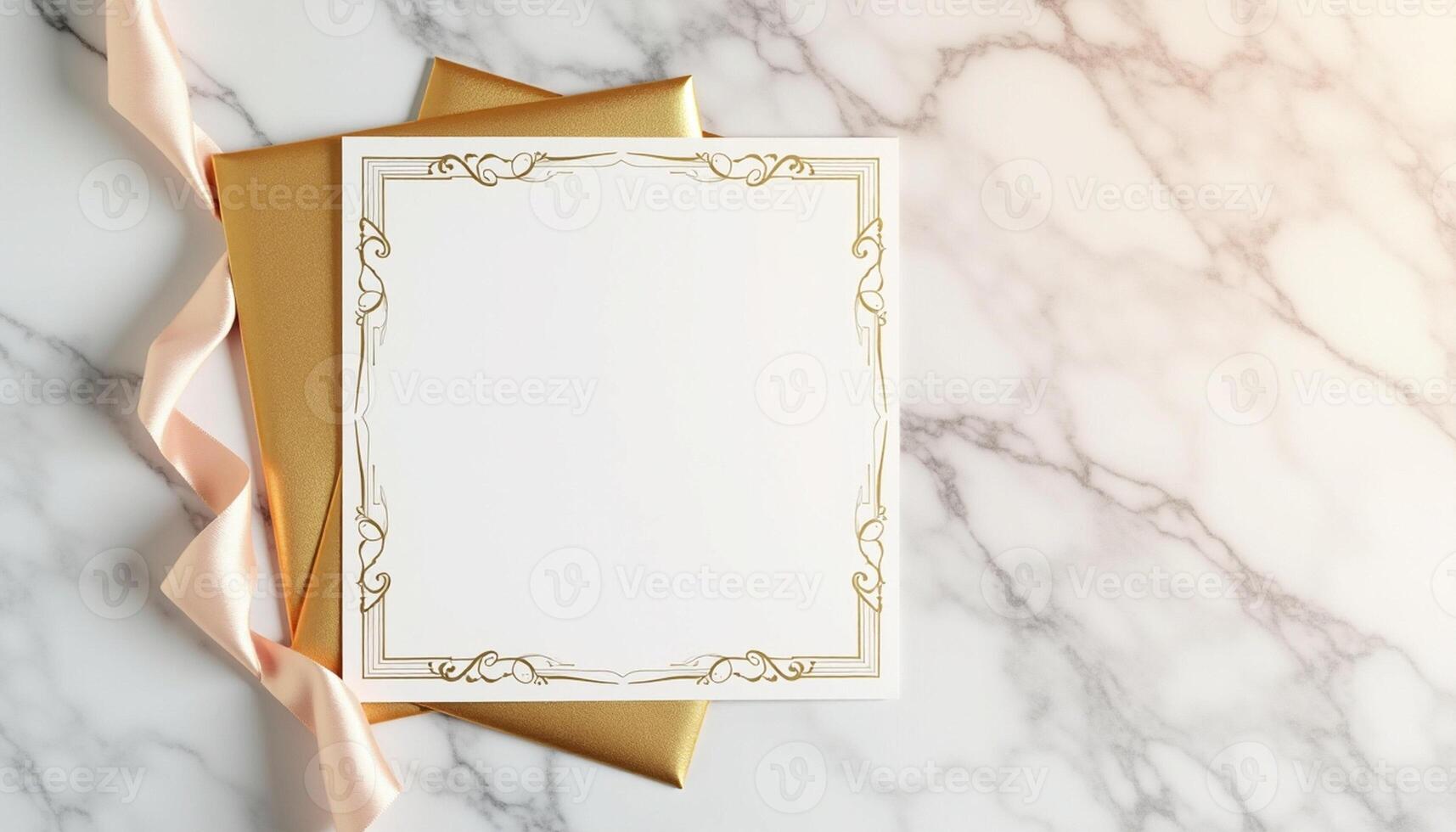 Golden envelope with a blank card on a marble background photo