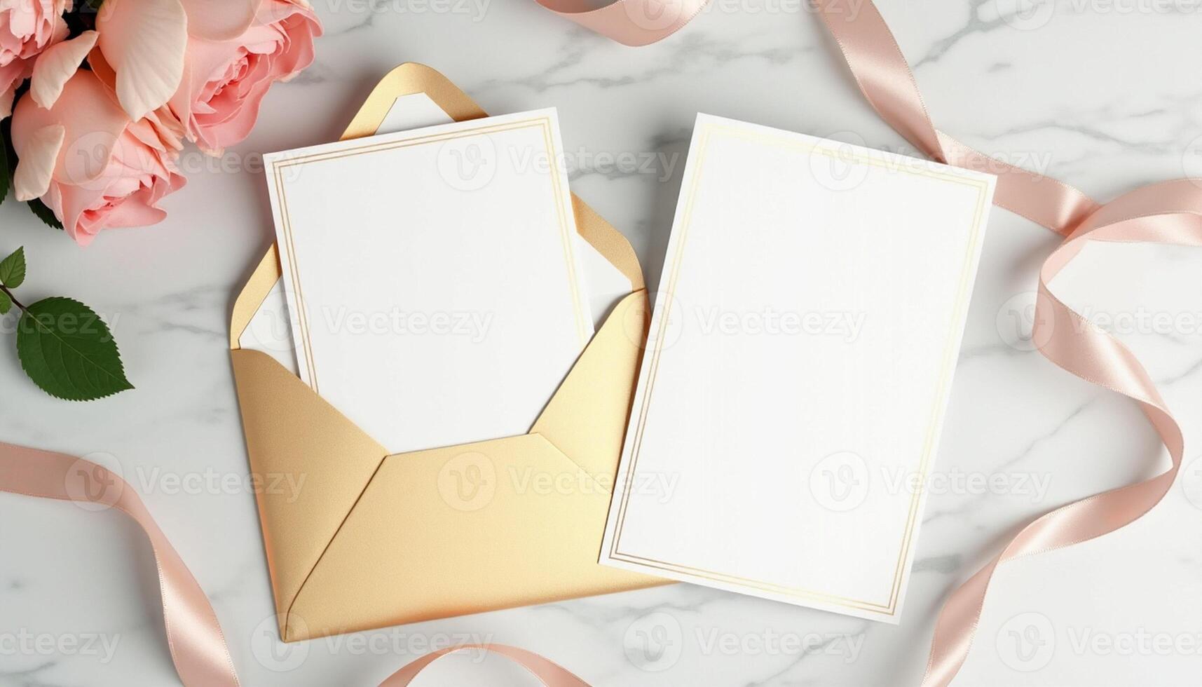 Two blank cards and a bouquet of roses on a marble table photo