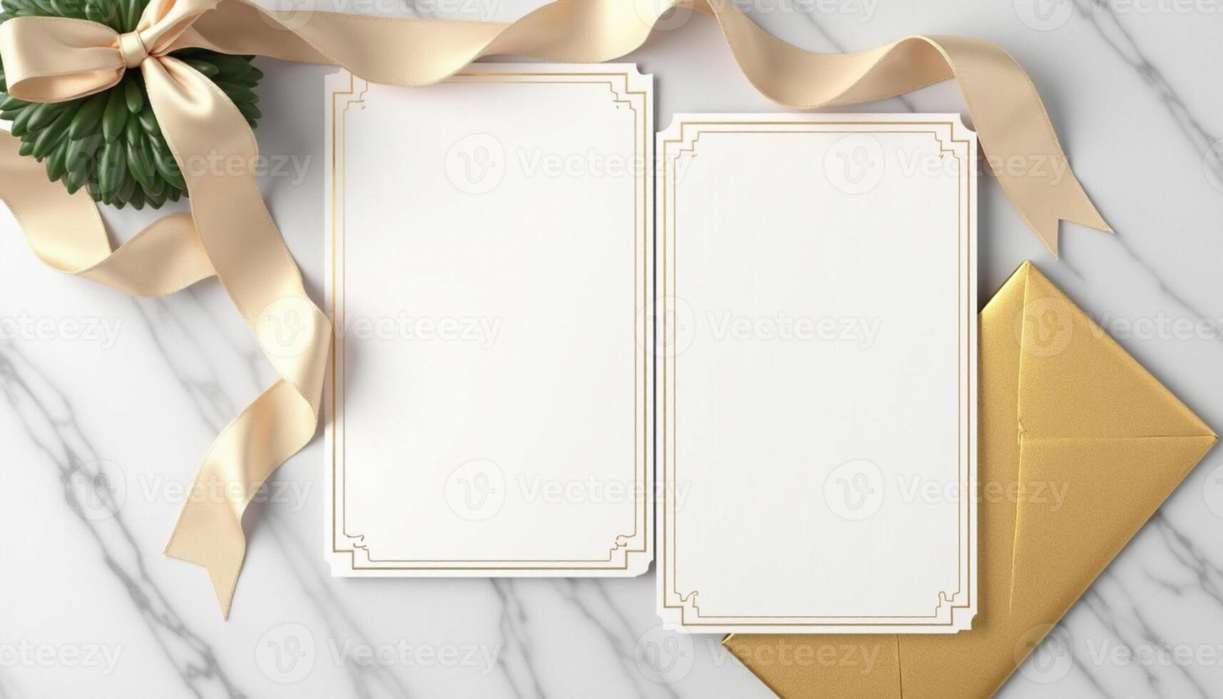 Two blank cards with gold ribbons and a bow on a marble table photo