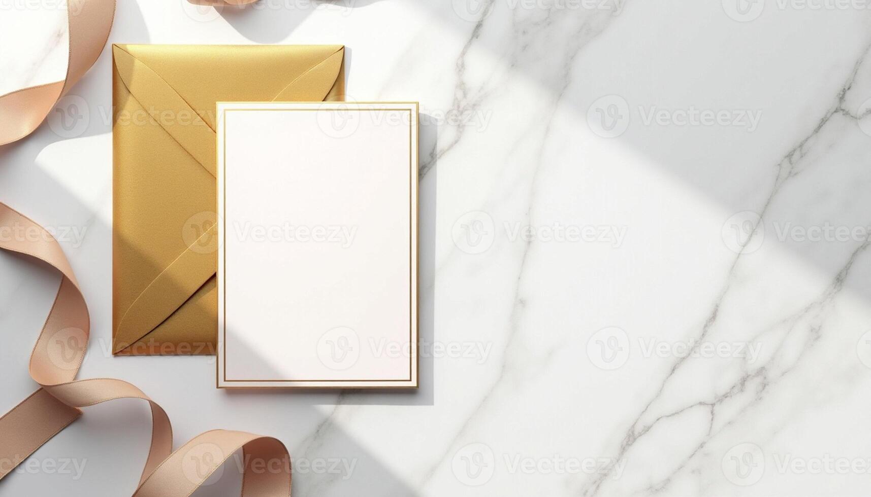 Golden envelope with ribbon and envelope on marble surface photo