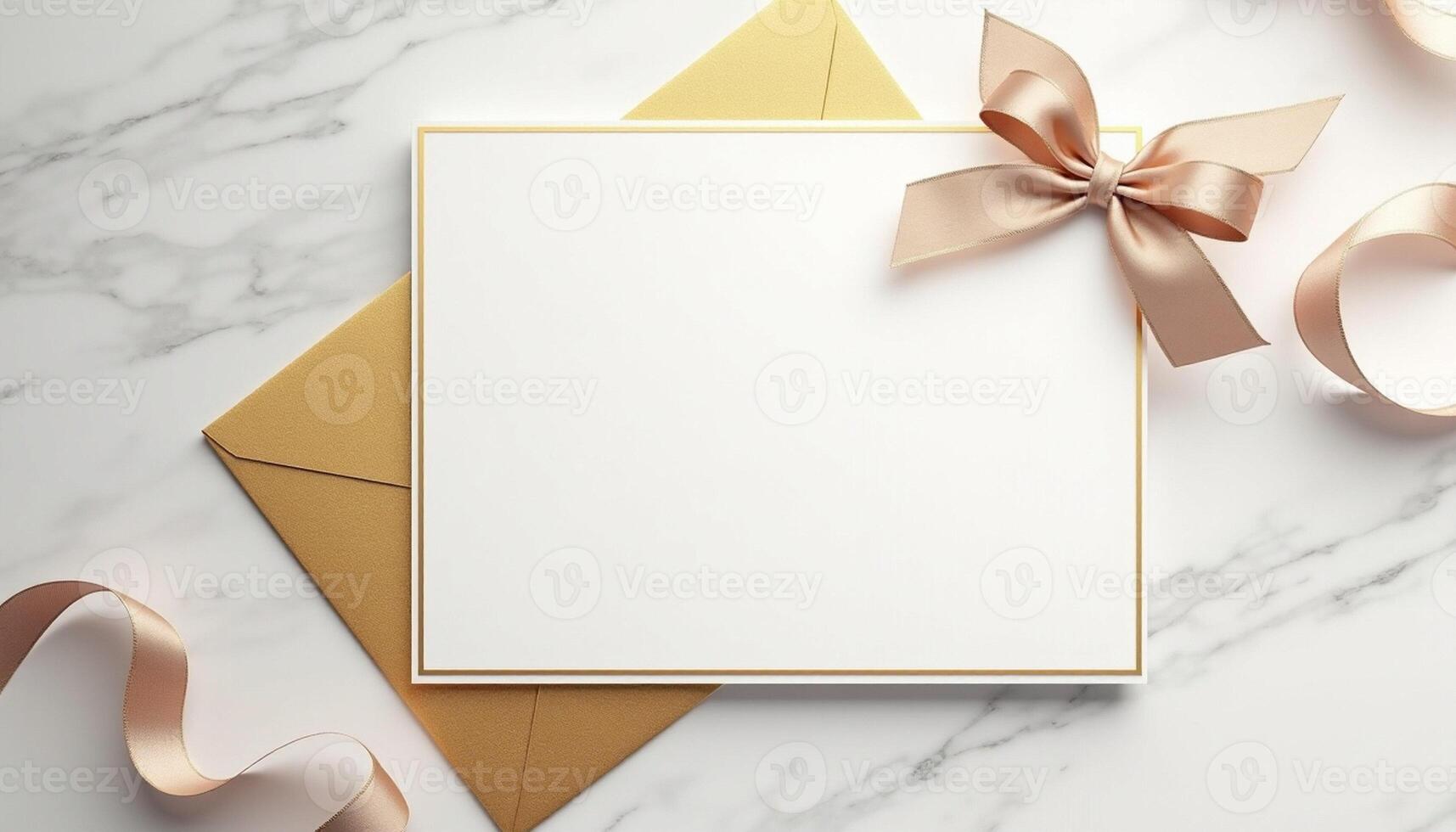 An envelope with a gold ribbon and a blank card on a marble surface photo