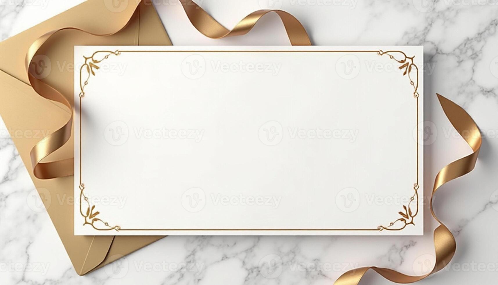 Golden ribbon and envelope on marble background photo