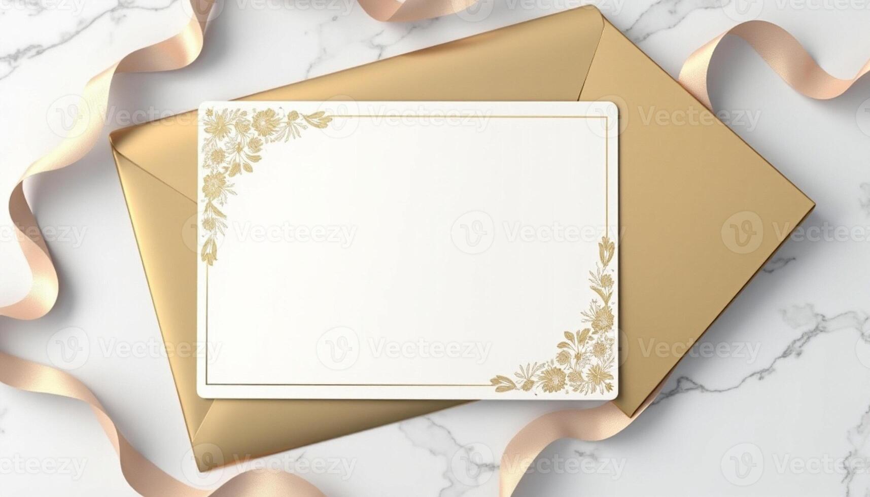 An envelope with gold foil and ribbon on a marble surface photo