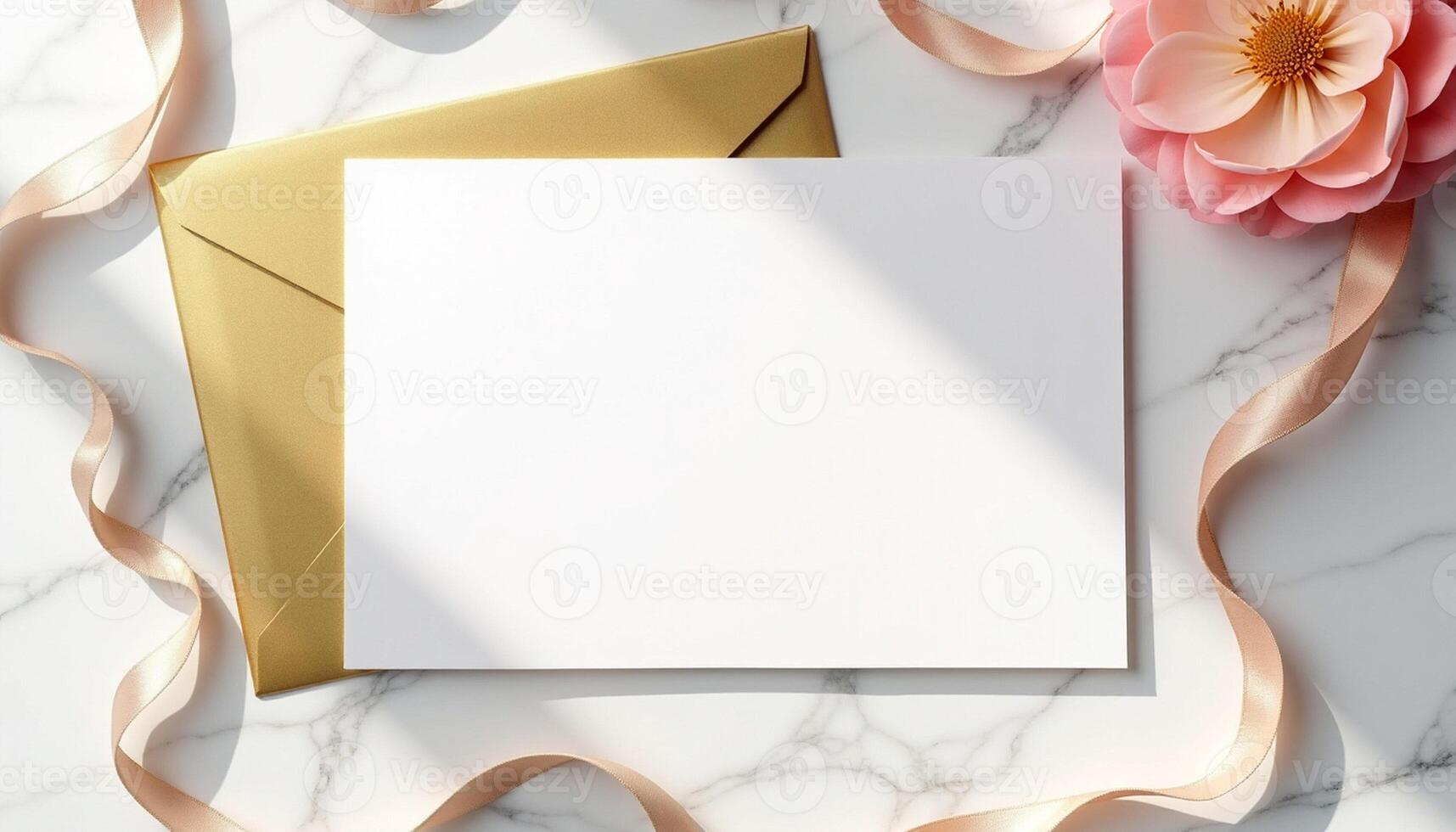An envelope with a blank card and a flower on a marble surface photo