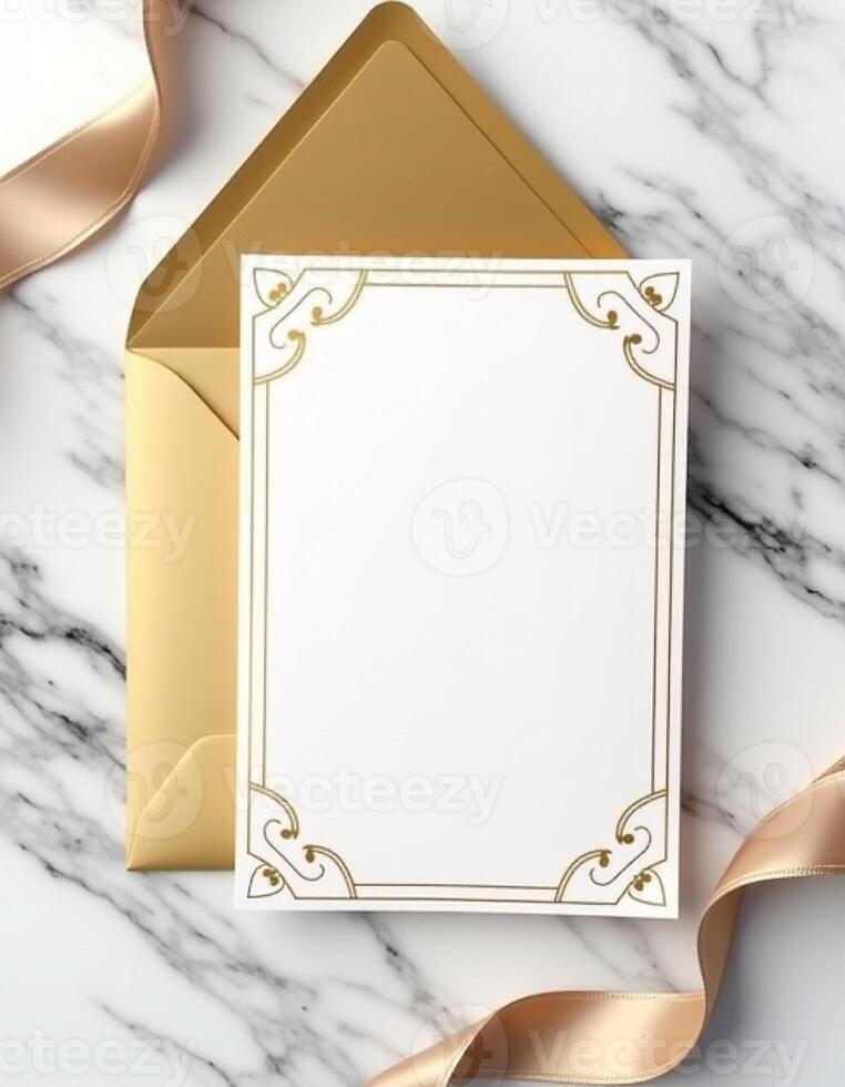 Golden envelope with a white envelope on a marble background photo