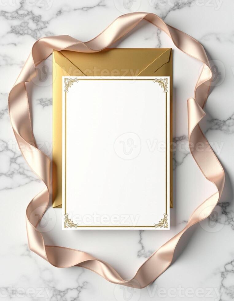 Golden envelope with a blank white paper and a gold ribbon photo
