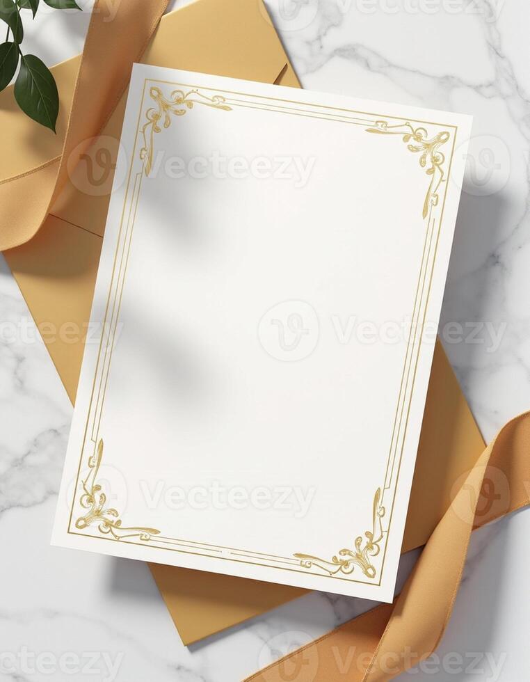 An envelope with a blank paper and gold ribbon photo