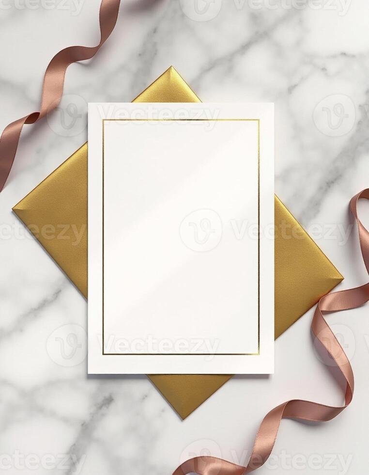 Golden envelope with a blank white paper on marble background photo