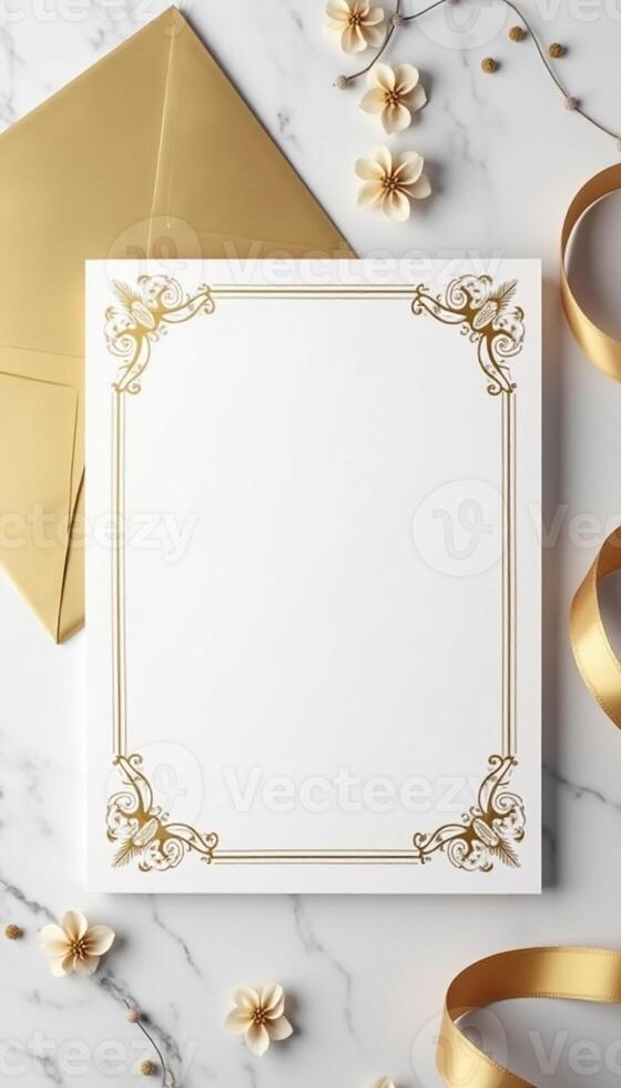 Golden frame with ribbon and gold ribbon on marble background photo