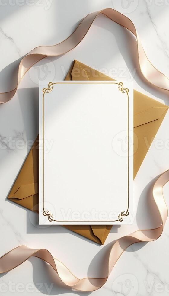 An envelope with a gold frame and a ribbon on a marble surface photo