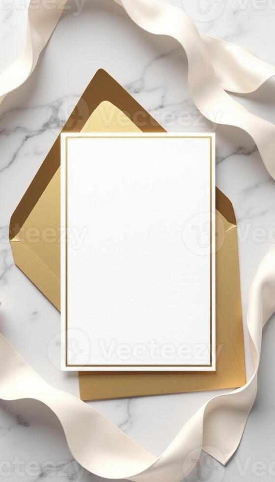 Golden envelope with white paper and ribbon on marble background photo