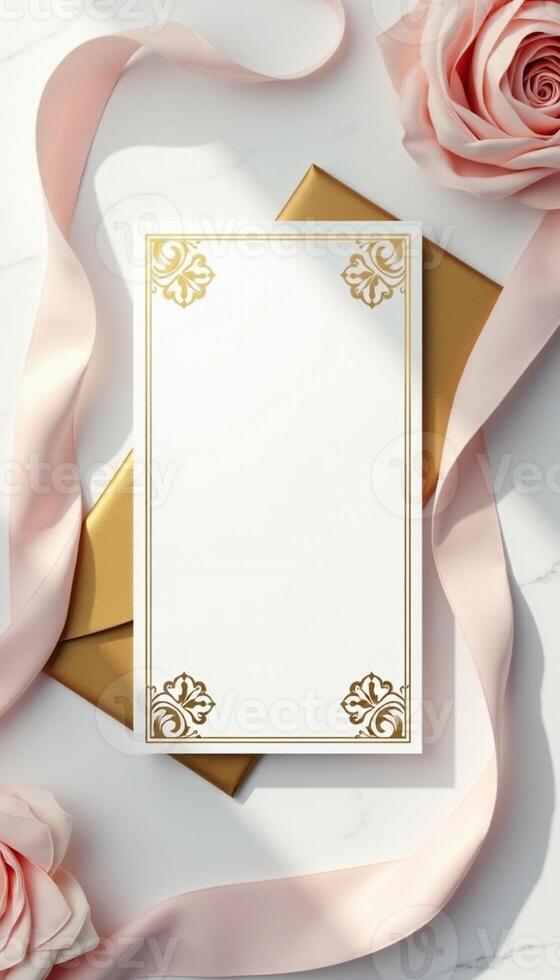A blank white envelope with gold foil and pink roses photo