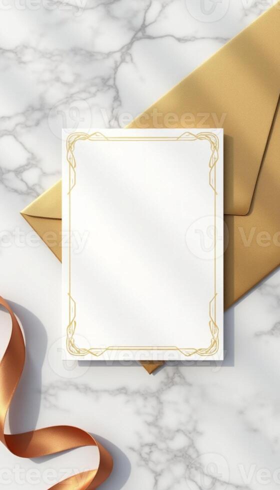 Golden envelope with envelope mockup on marble background photo