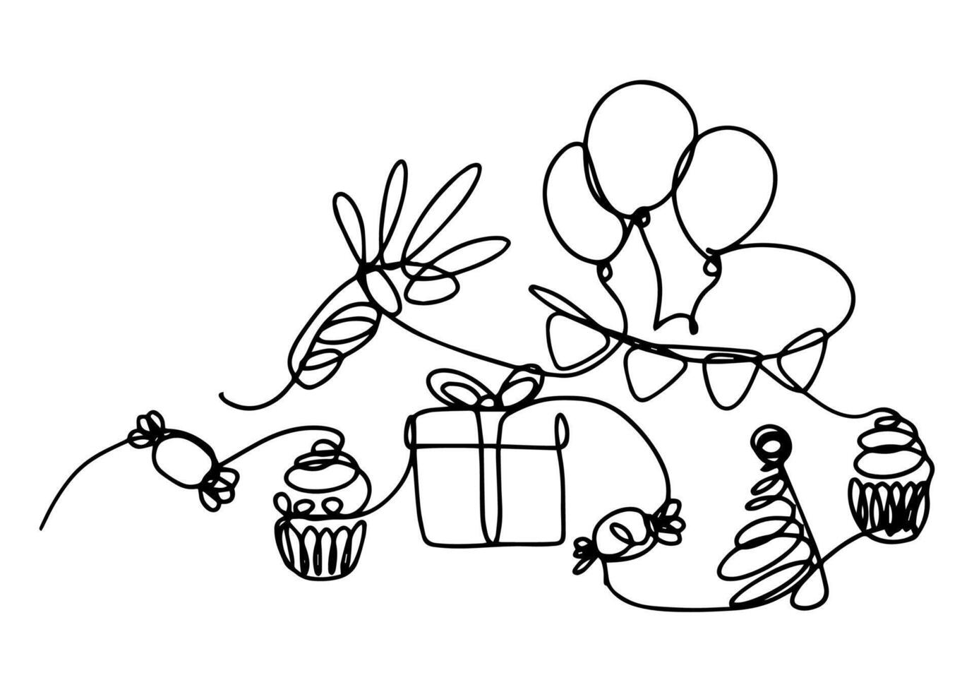 Illustration with a set of items for organizing a celebration, hand-drawn with one continuous line in linear art style. vector
