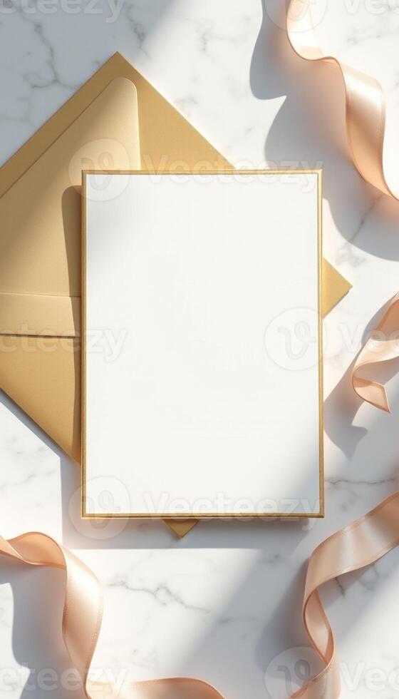An envelope with a blank card and a gold ribbon photo