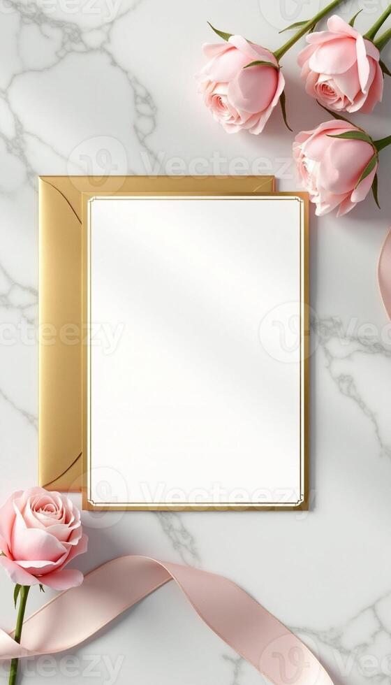 Pink roses and blank card on marble background photo