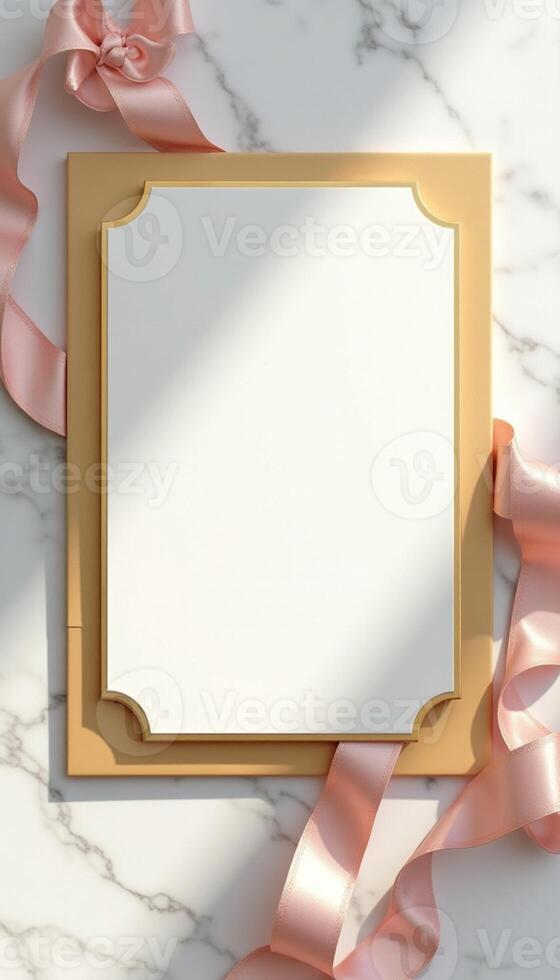 Blank white card with pink ribbon on marble background photo