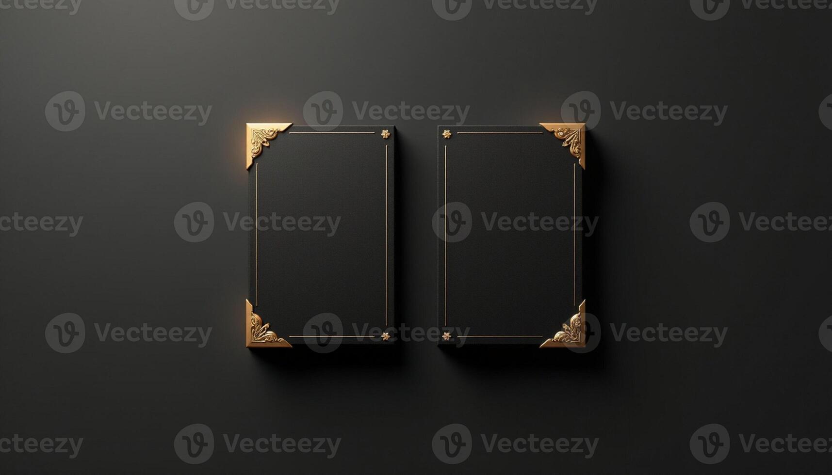 Two black and gold doors on a black wall photo