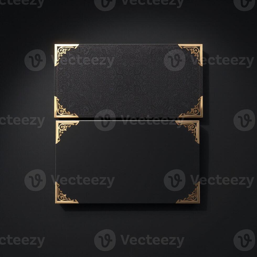 Two black and gold frames with gold trim on a black background photo