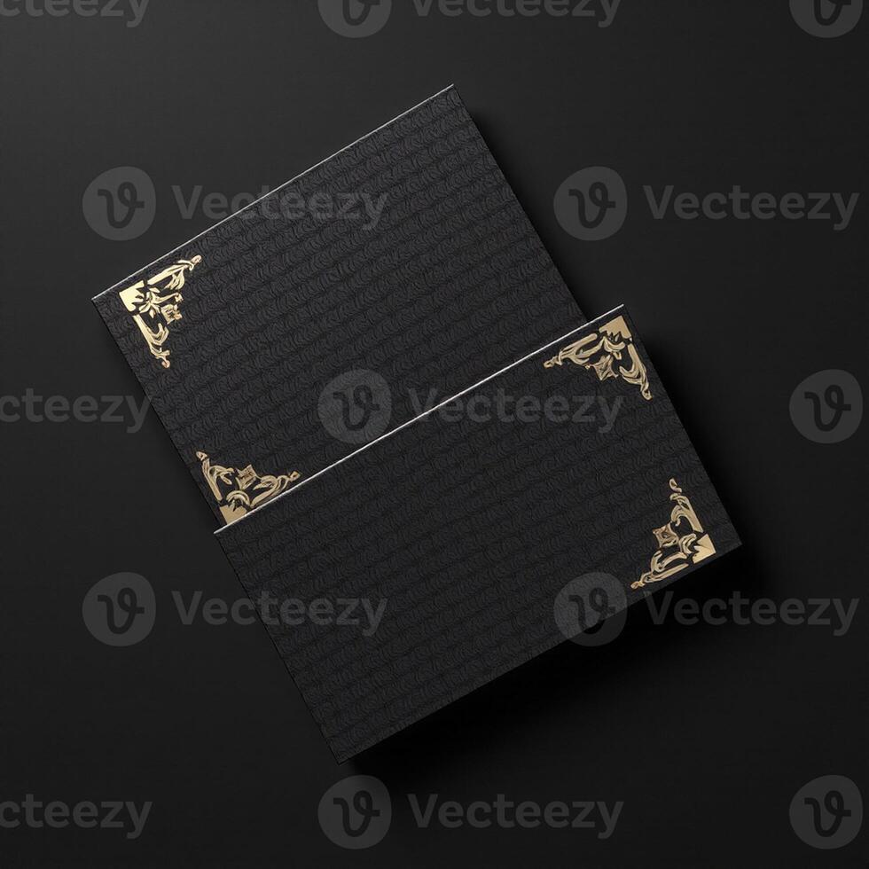 Black and gold book cover mockup on black background photo