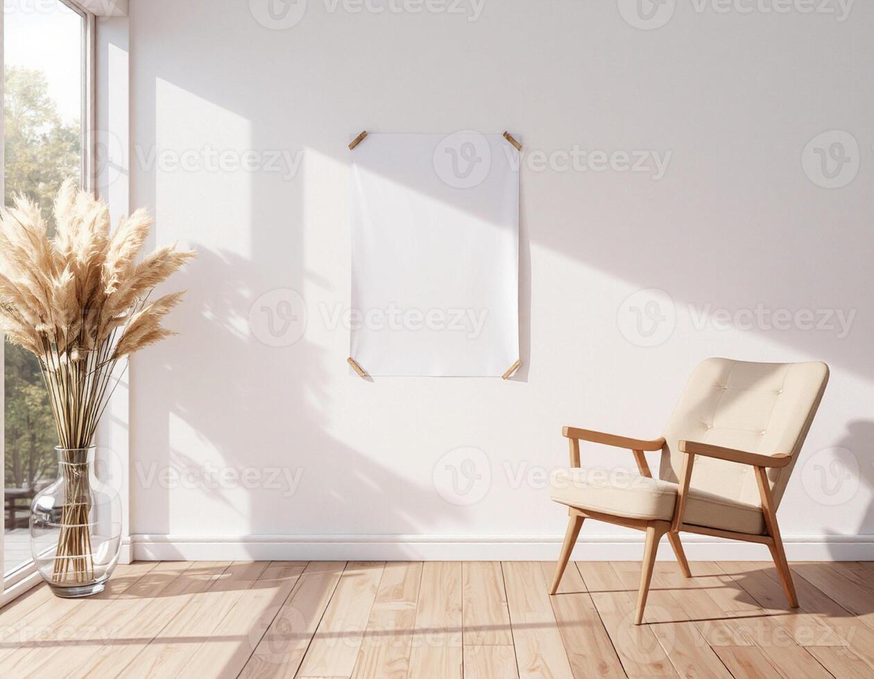 A chair and a poster hanging on the wall in a room photo