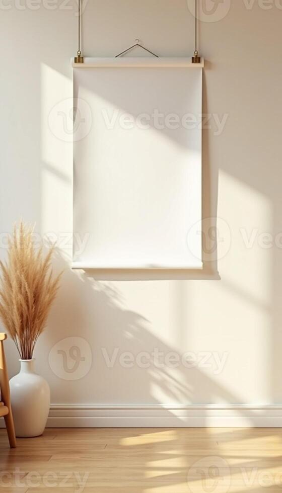 A white blank poster hanging on the wall in a room photo