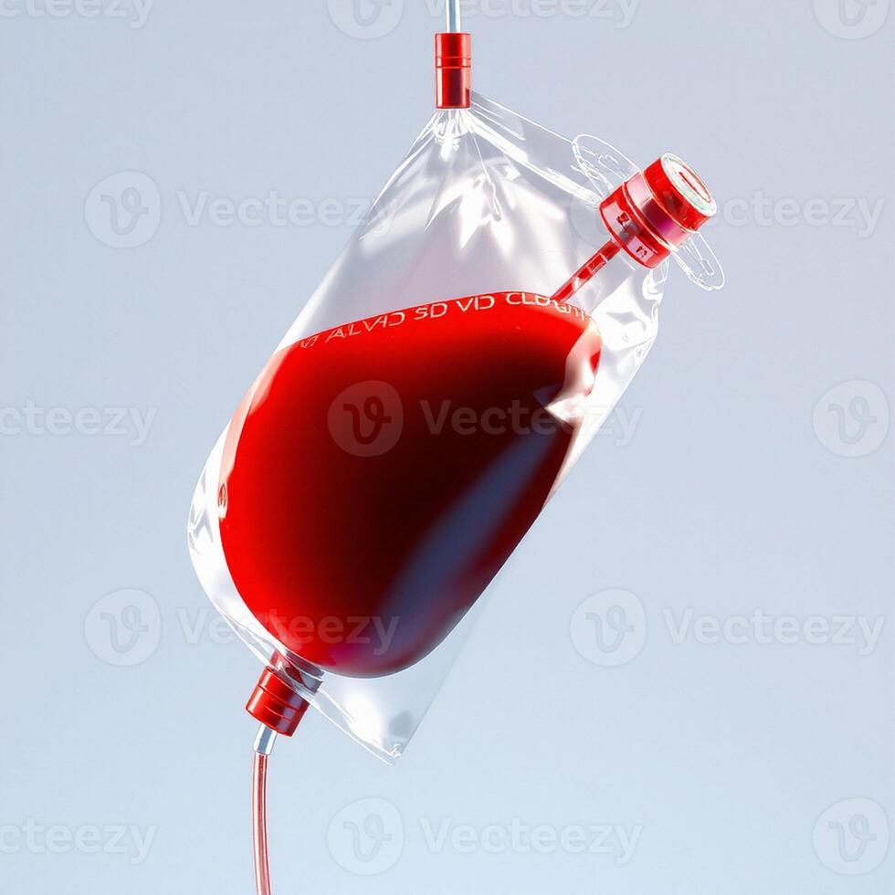 Blood bag with red liquid hanging from a hook photo