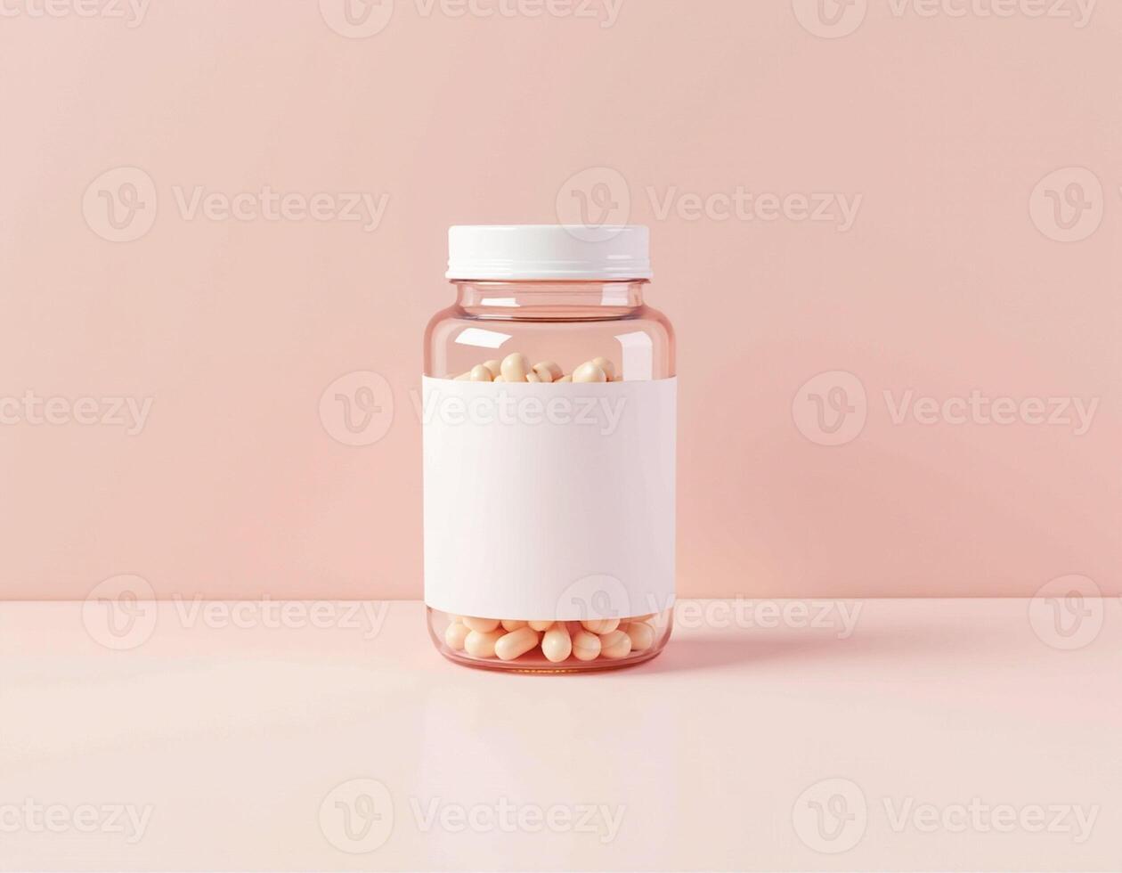 A glass bottle with pills on a pink background photo