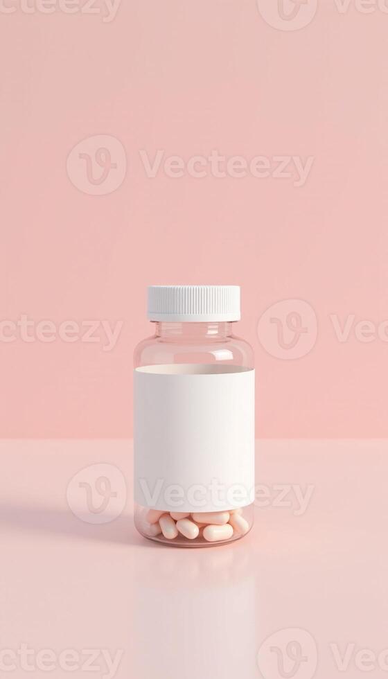 A white bottle with pills on a pink background photo