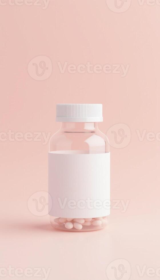 A white medicine bottle with a label on a pink background photo