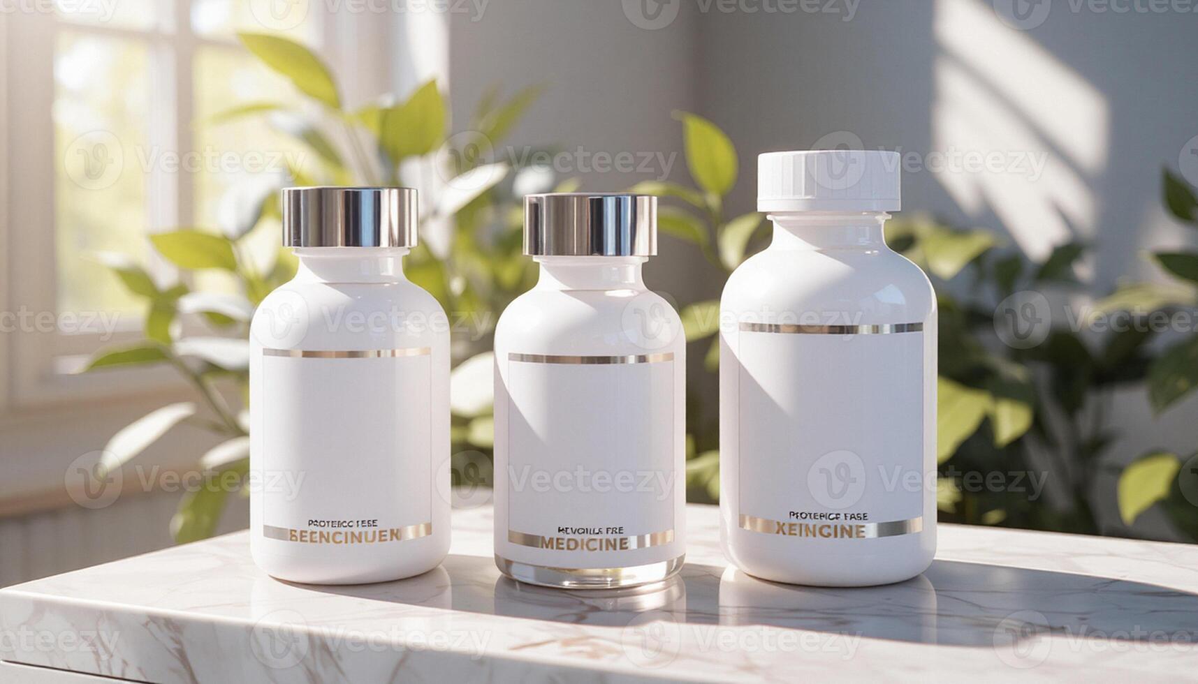 Three white bottles on a table with a plant photo