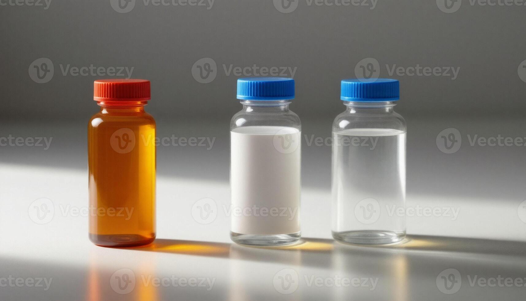 Three different types of liquid in glass bottles photo
