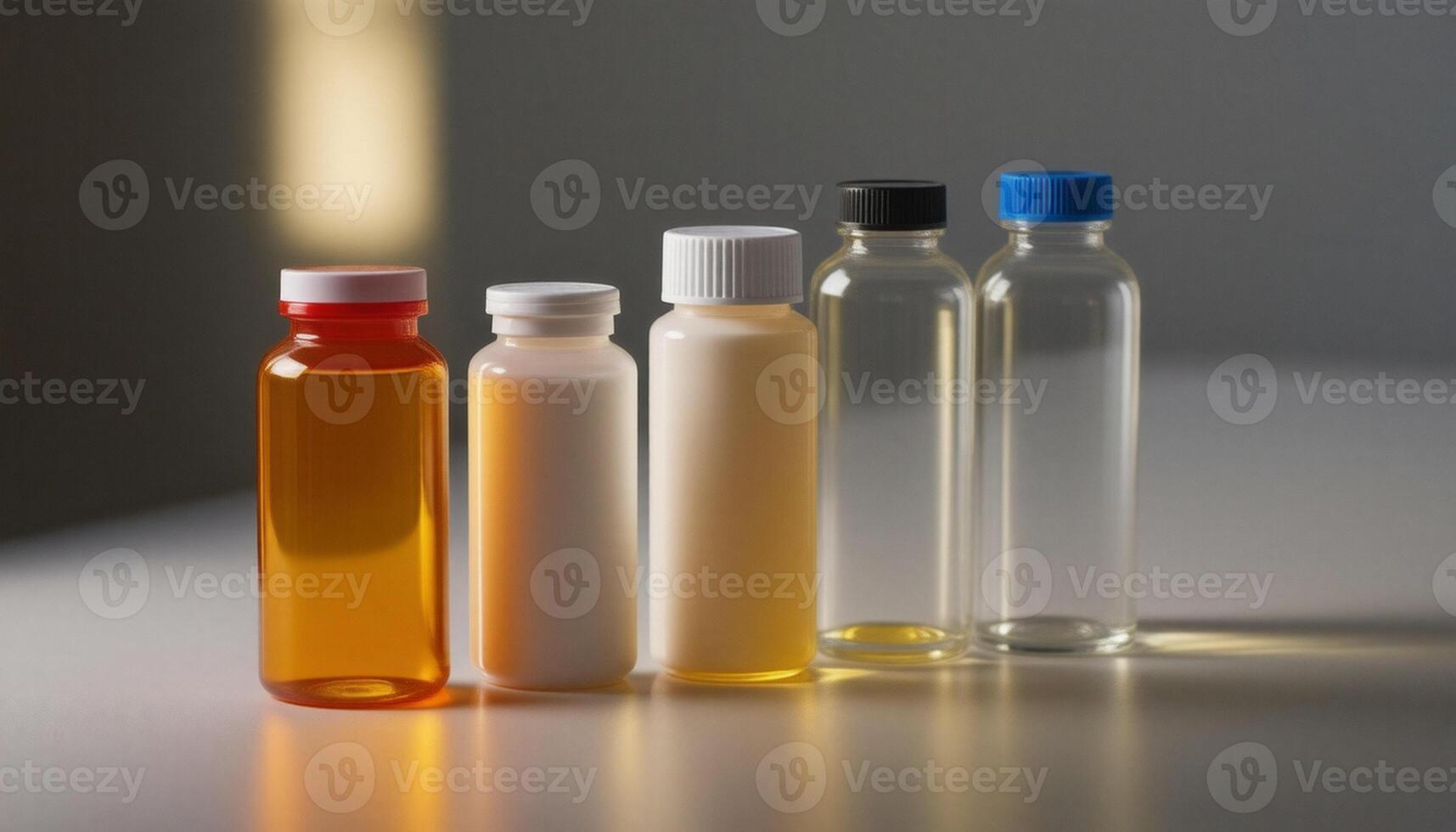 A group of different colored bottles on a table photo