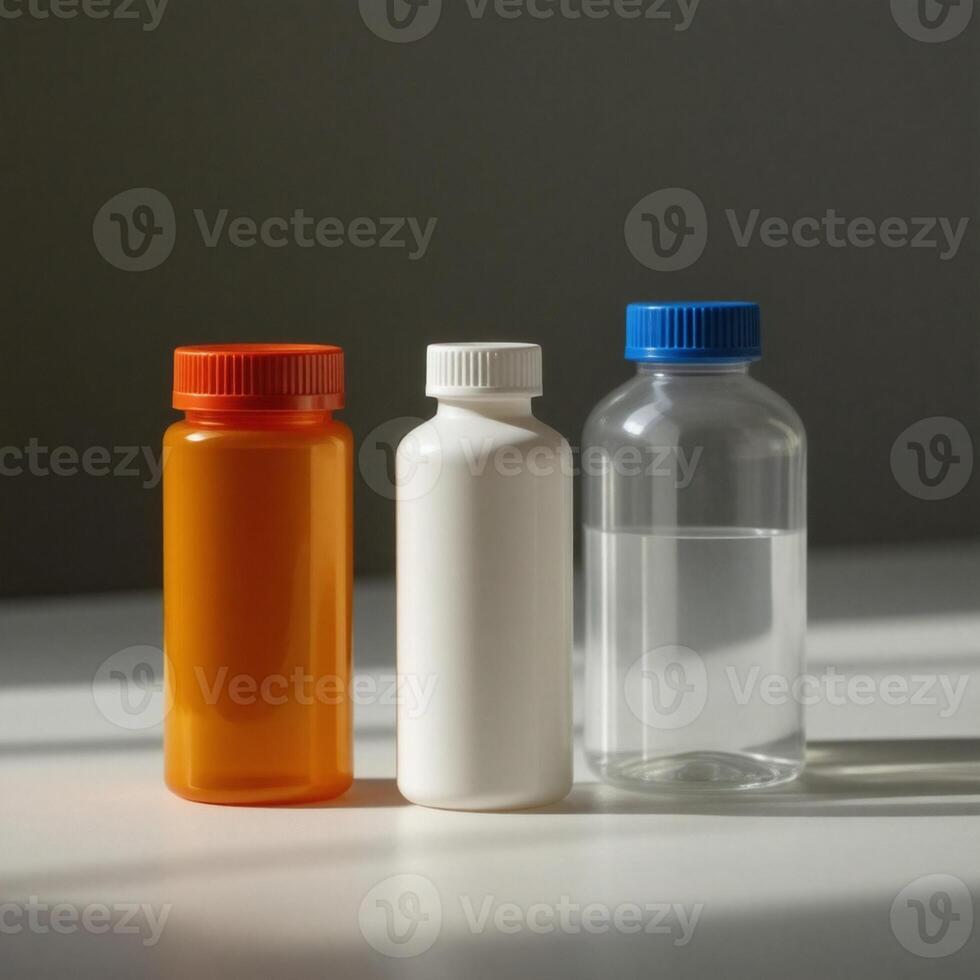 Three empty plastic bottles with lids on a table photo
