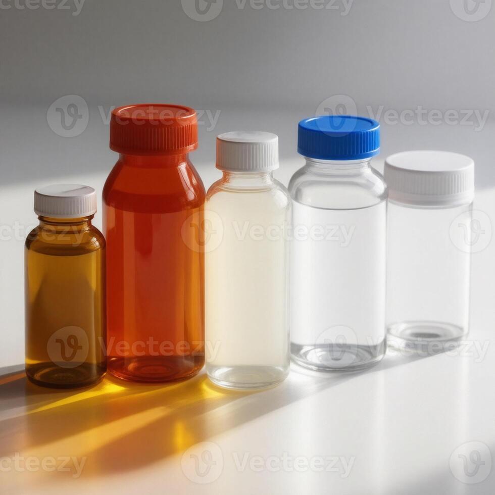 A group of different colored bottles on a white surface photo