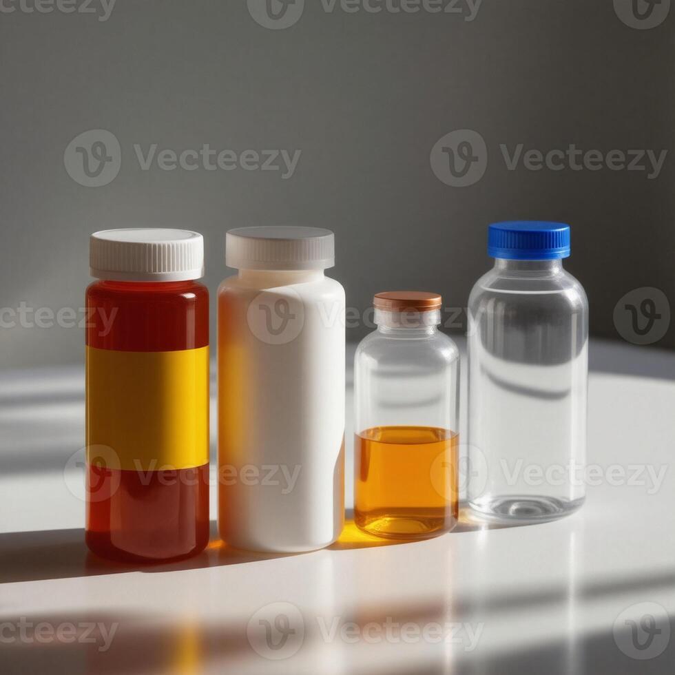 Three bottles of medicine sit on a table photo
