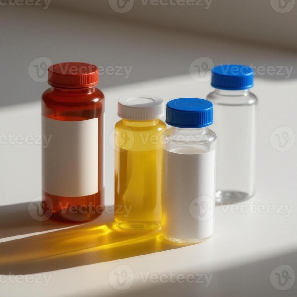 Three different types of liquid bottles on a table photo